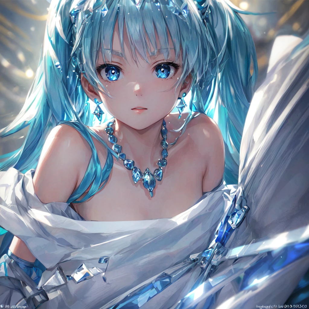 masterpiece, best quality, illustration, sax blue, platinum earrings, platinum necklace, white dress, 1girl, cute, (dynamic lighting:1.2), cinematic lighting, delicate facial features, detailed eyes, sharp pupils, realistic pupils, depth of field, bokeh, sharp focus, (hyper-detailed, bloom, glow:1.4), many small gems, hatsune miku