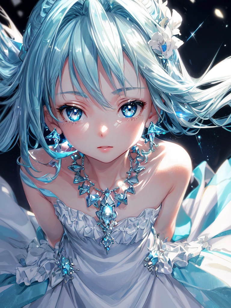 masterpiece, best quality, illustration, sax blue, platinum earrings, platinum necklace, white dress, 1girl, cute, (dynamic lighting:1.2), cinematic lighting, delicate facial features, detailed eyes, sharp pupils, realistic pupils, depth of field, bokeh, sharp focus, (hyper-detailed, bloom, glow:1.4), many small gems, hatsune miku