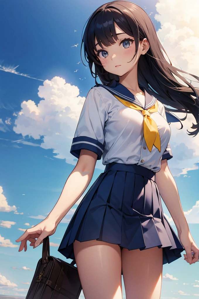 NSFW、Medium breast、boyish、(Navy blue micro mini skirt、Navy Pleated Skirt、White mesh panties、Sailor suit summer uniform、Short sleeve、Yellow tie、White Short Socks)、独奏、Women's High生、Arms folded behind back、Spreading her legs:1.5、(Black Hair、Very Short Hair、boyishカット)、Crouch、Women's High、classroom