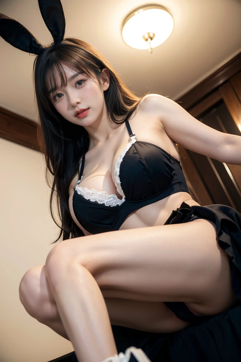 Ulzzang-6500-v1.1, (RAW Photos:1.2), (Realistic:1.4), Beautiful detailed girl, Very detailed eyes and face, Beautiful and detailed, Ridiculous, 信じられないほどRidiculous, Huge file sizes, Very detailed, High resolution, Very detailed, Highest quality, Tabletop, One Girl, , ((Very detailed)), ((Dynamic pose))), (Camel Toe), (Open your mouth)),((Droopy eyes)),((Round face)),((Curl the inside of your hair)), （avert your eyes：1.1),Face close-up,(((黒いplayboy bunny)))、Upper Body、Black Costume、With bangs、((thin))、The body is slim、((Looking down)、((With eyes wide open))、(((Angle from below))、(D cup milk))、((Gorgeous Bra))、skirt、shout、Sing a song、Open your mouth、