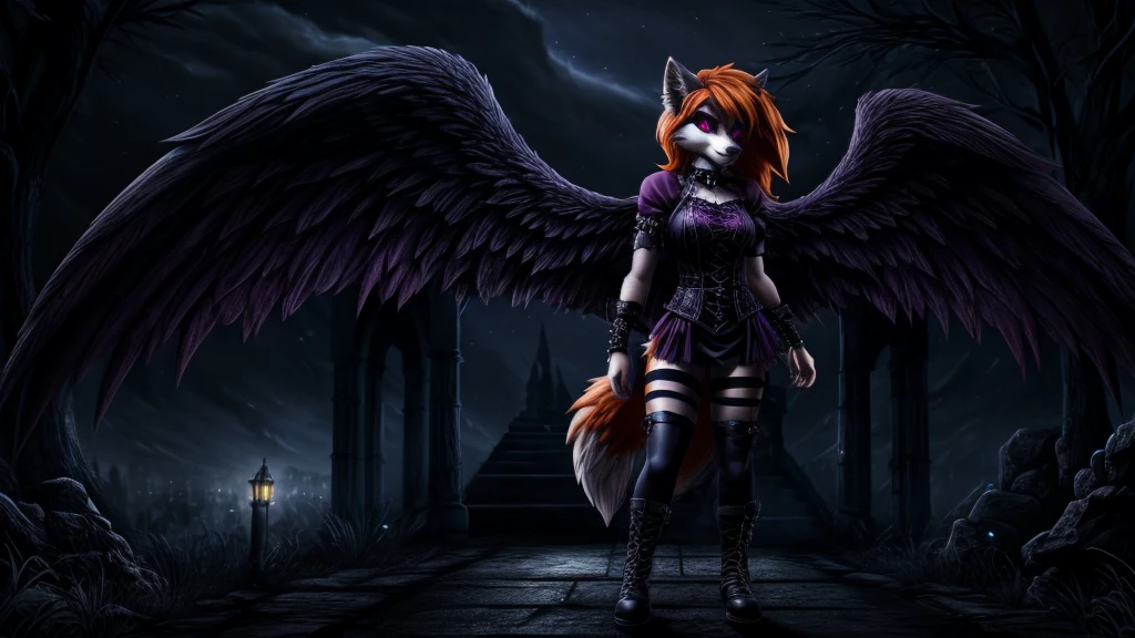 Skye from Paw Patrol, as a female wolf, mature adult, anthro, side fluffy orange hair, magenta eyes, standing, goth outfit, angel of violence, wings, omnious, dark, night, standing, detailed, solo, beautiful, high quality, 4K