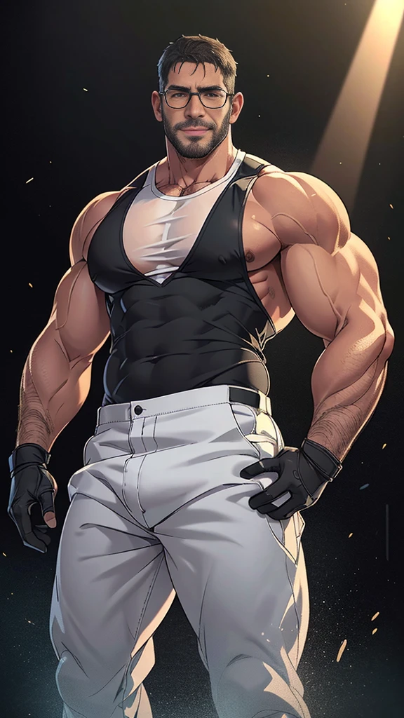 An award-winning original photo,A wild muscular man, chris redfield from resident evil 8, (50 years old daddy:1.1), 1man, Solo, employee, (putting on a white dressshirt, black trouser), gray hair, (big shoulder), (hairy body), musculature, stubbles, Short beard, wearing glasses, smiles, Dynamic Angle, volumetric lighting, (Best quality, A high resolution, Photorealistic), Cinematic lighting, Masterpiece, RAW photo, Intricate details, hdr, depth of field, from below, big dick, black socks