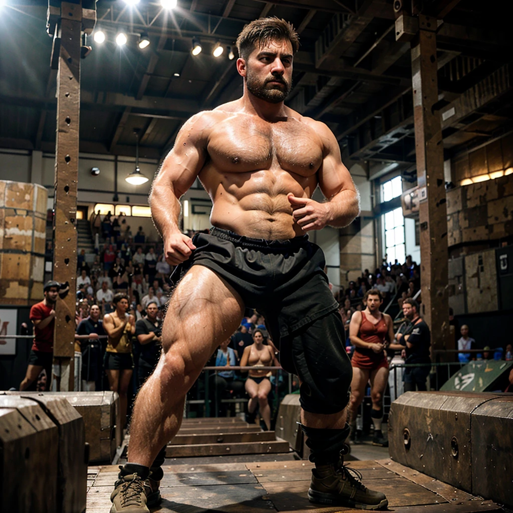 an extremely hairy ,  blond, short-haired military haircut, young, worried,  sweaty, muscular  gladiator , hairy legs, hairy chest, strong hairy shoulders, strong hairy arms, standing on a platform in a crowded roman arena, wide angle , photorealistic, 8K

