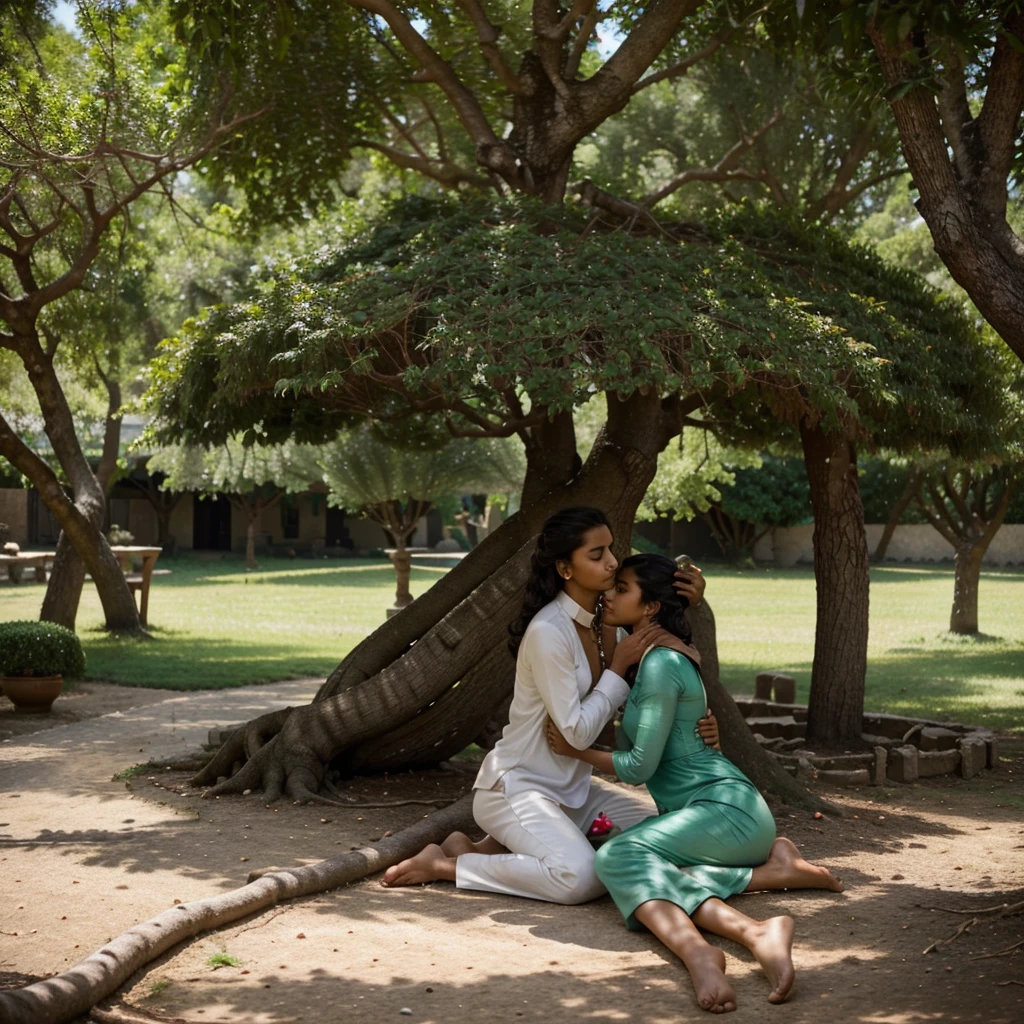 Amara and Malik gradually recovering together in a serene setting, with Amara showing care and affection towards Malik, symbolizing their growing bond, under the shade of a large tree in the village, in 16:9 dimension."
