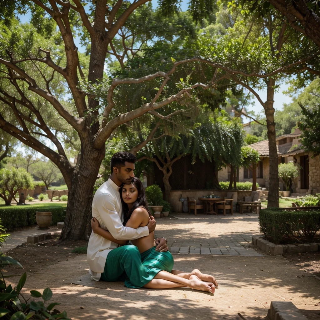 Amara and Malik gradually recovering together in a serene setting, with Amara showing care and affection towards Malik, symbolizing their growing bond, under the shade of a large tree in the village, in 16:9 dimension."