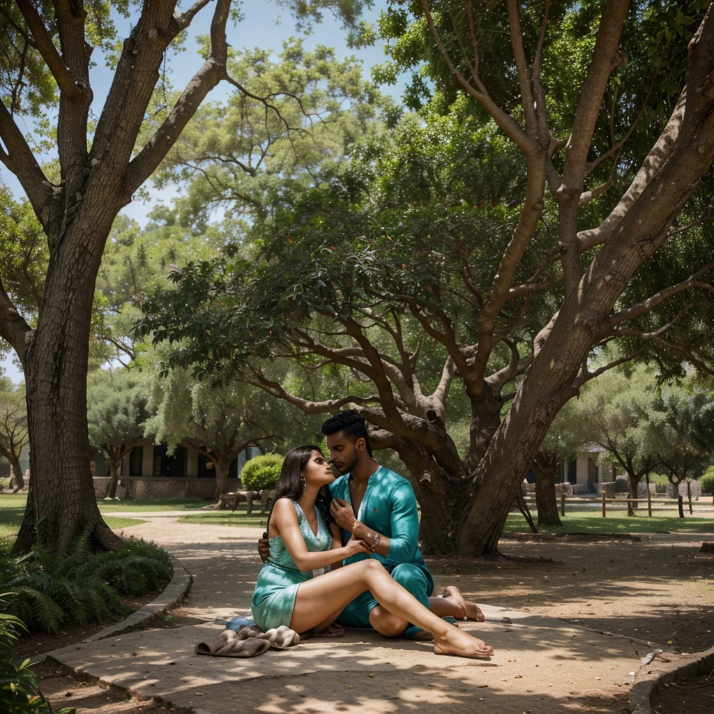 Amara and Malik gradually recovering together in a serene setting, with Amara showing care and affection towards Malik, symbolizing their growing bond, under the shade of a large tree in the village, in 16:9 dimension."