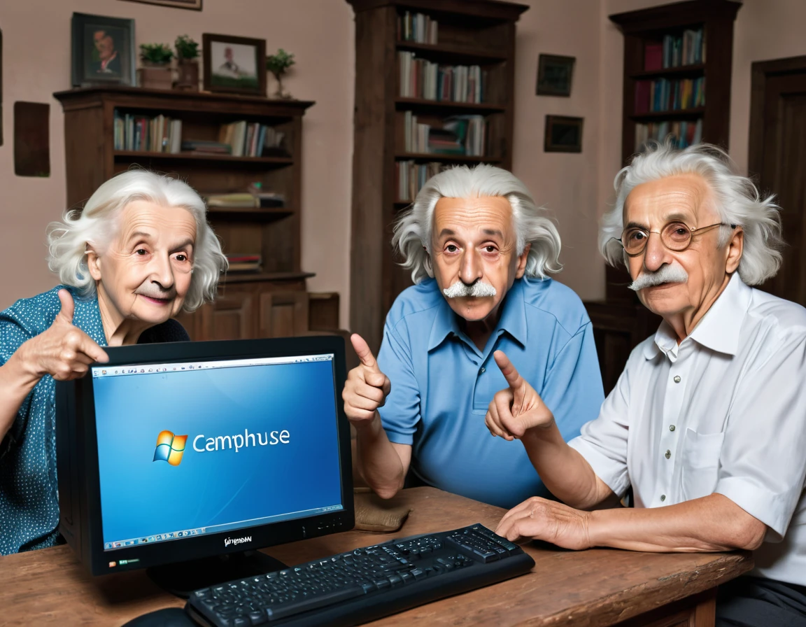 3 elderly people, only one is Albert Einstein, pointing at a computer in a lanhouse 