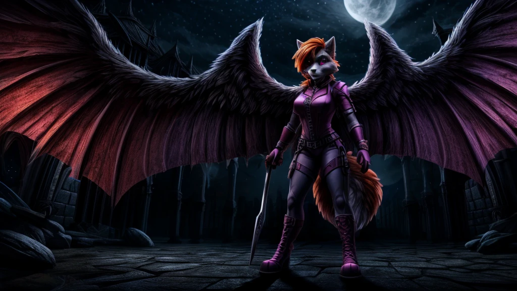 Skye from Paw Patrol, as a female wolf, mature adult, anthro, side fluffy orange hair, magenta eyes, standing, angel of violence, wings, omnious, dark, night, standing, detailed, solo, beautiful, high quality, 4K