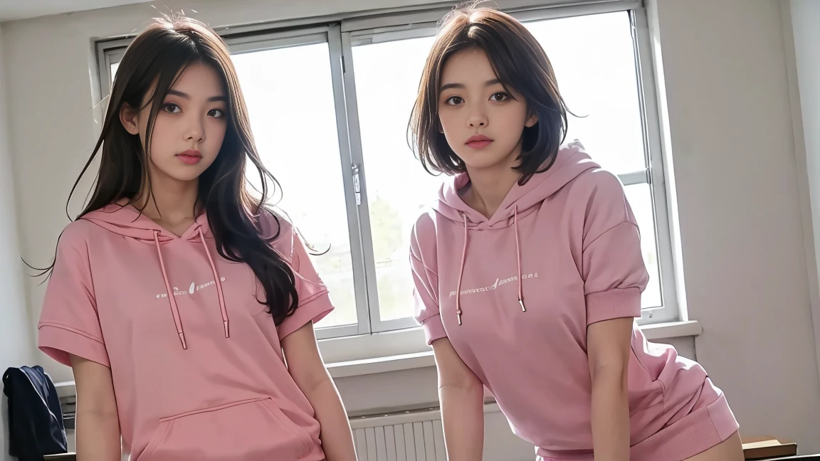 deux femmes ensemble de 18 ans sexy et mince , pink short sleeve hoodie , salle de classe, se touche,position sey,sensuel