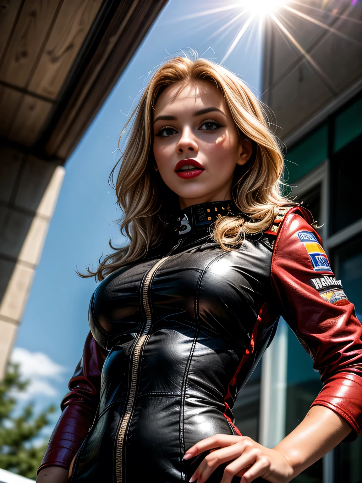 (masterpiece, photorealistic:1.4, extremely intricate:1.3, radiosity, photon mapping, dtx), ((20 year old muscular supermodel, ((25 years old), serious, long eyelashes, makeup:1.5, red lips), black leather coat, hotpink t-shirt, (((zinc rivets), from below)))), ((([skin detail:freckles:0.7], portrait, closeup))), outdoor, NASCAR, faraway car race, professional photograph, (long curly [blonde hair:orange hair:0.4], wind), BREAK ((intense sunlight, ((film grain))), bokeh), BREAK, ((([medium breasts:large breasts:0.7])))