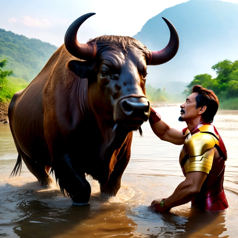 Iron Man bathes the buffalo in the river