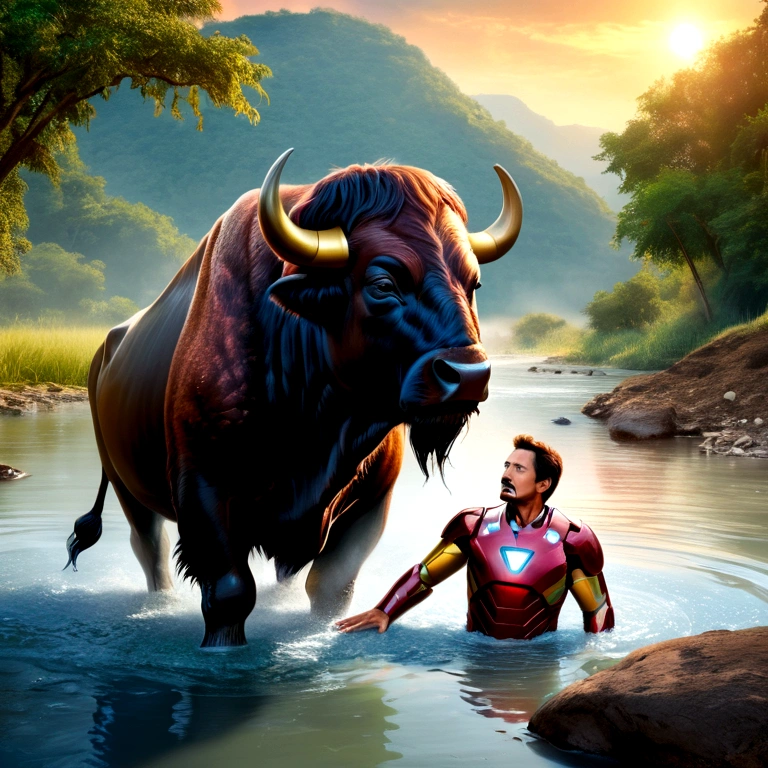 Iron Man bathes the buffalo in the river