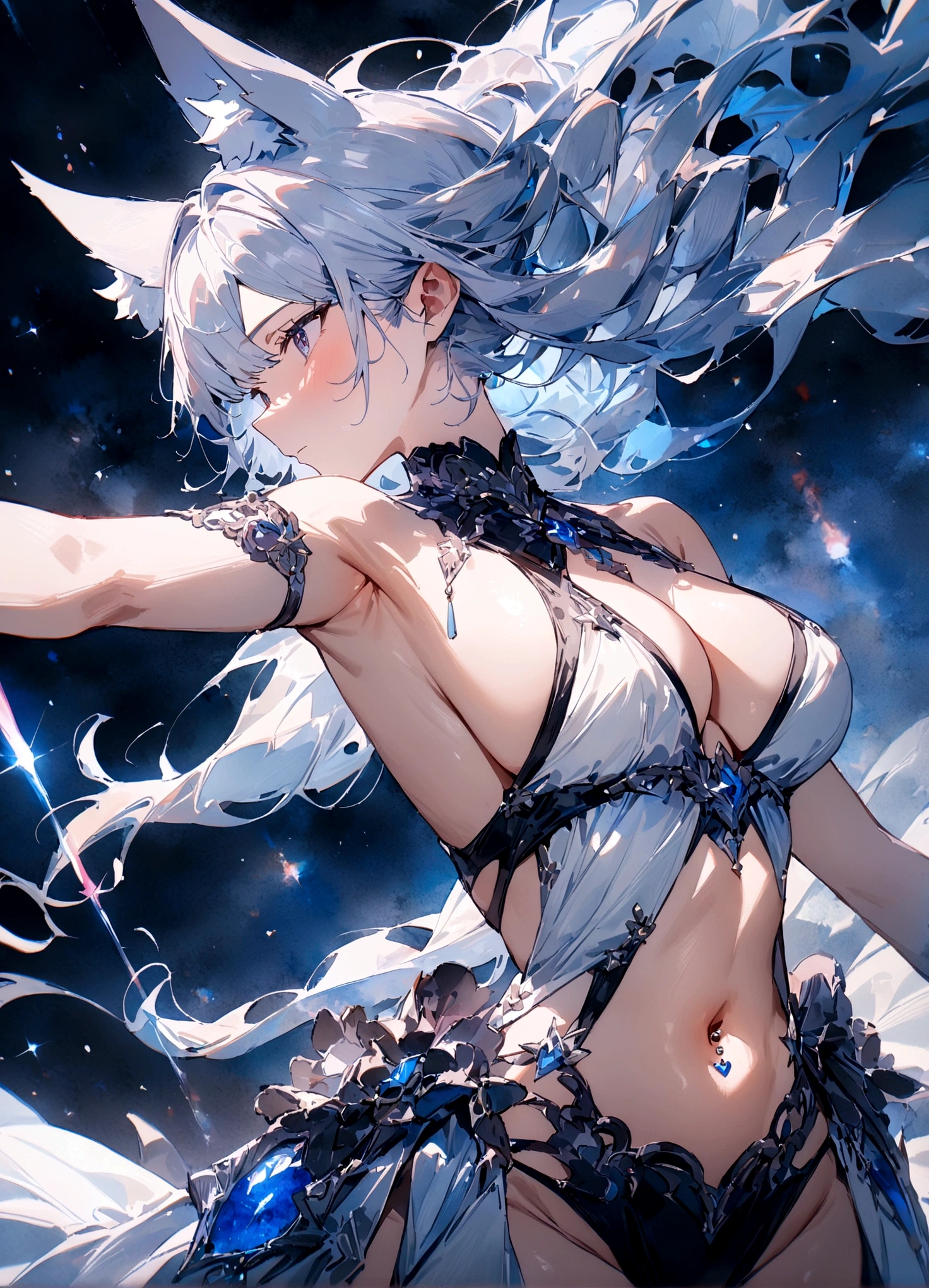 nsfw,(space action style), (Muted Tone), Delicate, Detail, Masterpiece,(colorful) illustration,(colorful) light particles, lens flare, 1girl, big breats,navel piercing, sideboob,shoulders,cleavage,sideless,thighs, Cowboy shot, close-up,from above, dynamic angle, dynamic pose, Artistic, memorable masterpieces, moments in history,(fantastical and mesmerizing scenery) Watercolor:1.6, Delicate, Detail, (masterpiece:1.2),(best quality:1.2),newest,intricate details, fox ears, ear hair
