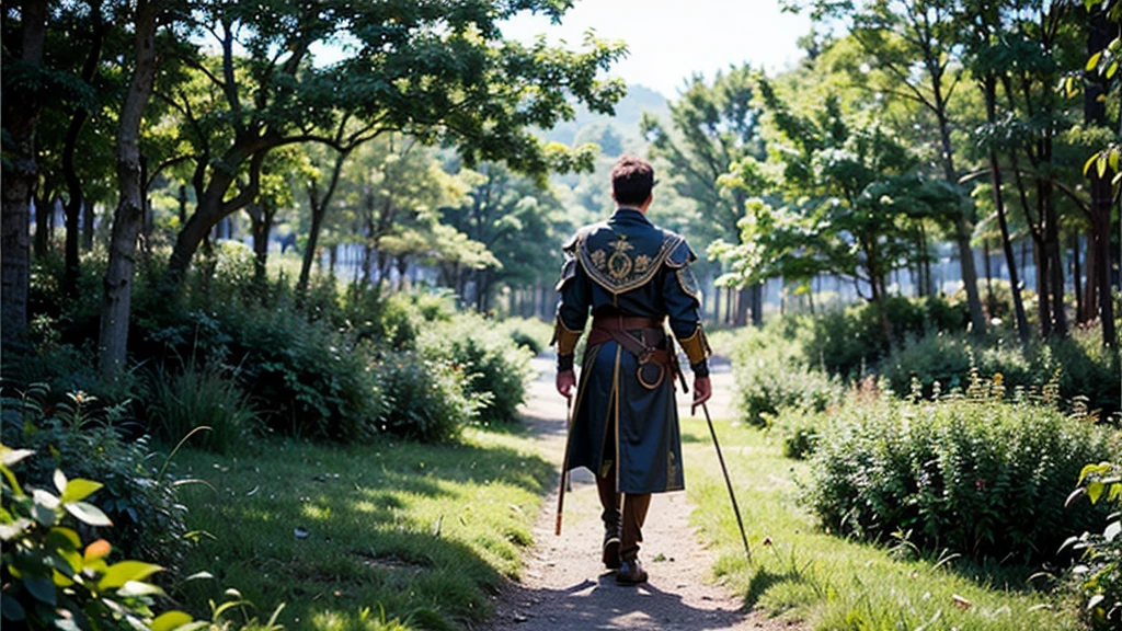 Légolas, the elf of the Forest of Eternia, has deep blue eyes and long, straight dark brown hair, usually braided halfway down his back. He wears a moss green tunic with silver embroidery of leaves and vines, a dark brown cloak, flexible pants in shades of green and brown, and lightweight leather boots. At his waist, a leather belt holds the scabbard of his magical sword and his fine wooden bow with colorful feather arrows, completing his elegant elf warrior figure. Background a clearing in the Forest of Eternia at dusk, with trees heights and golden light from the setting sun. 4K resolution highlights, Sharp focus, octane render, ray tracing, Ultra-High-Definition, 8k, UHD, HDR, (Masterpiece:1.5), (best quality:1.5)realistic