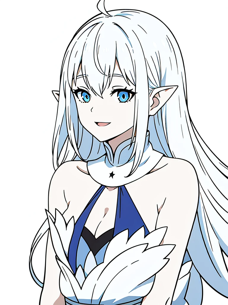 1girl,15s,long hair,white hair,ahoge,(white background),pointy ears,sleeveless(cleavage),happy,smile,blue eyes,open mouth,portrait