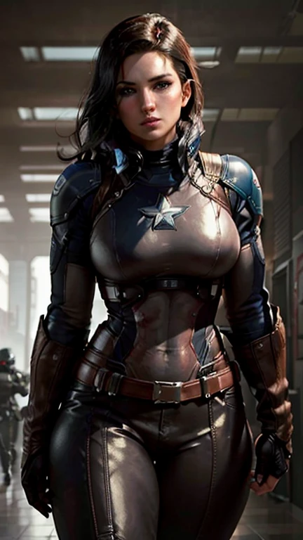 Gina Carano plays Captain America，skyscrapper，（Inspired by Mass Effect），Captain America suit，Security level，Hypertrophic breasts，fat hips，Leather pants wrapped around the hips，Leather garment wrapped around the chest，（8K，photo RAW，photorrealistic：1，25），（Excessive lip gloss，Very many eyelashes，best qualityer，Ultra-high resolution，depth of fields，color difference，Wide light，Natural Color，Distant pictures（1：2）