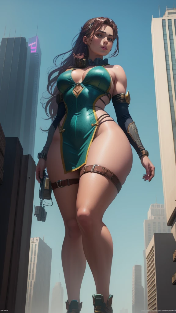 Hyperrealistic version of a woman giant. A giant woman in a bikini lying on top of a cyberpunk city, Little guys running around the giant girl, Standing on her hand, cgsociety 9, fantasy art, engine rendering unreal + a goddess, full body cgsociety, artgerm ; Hyper realistic content, giant art, super detailed matte paintings, super detailed matte paintings, realistic fantasy art, realistic  style. Beautiful girl. Big thighs."The little people stood on the top of a high-rise building waving to the girl".Wear short skirts.