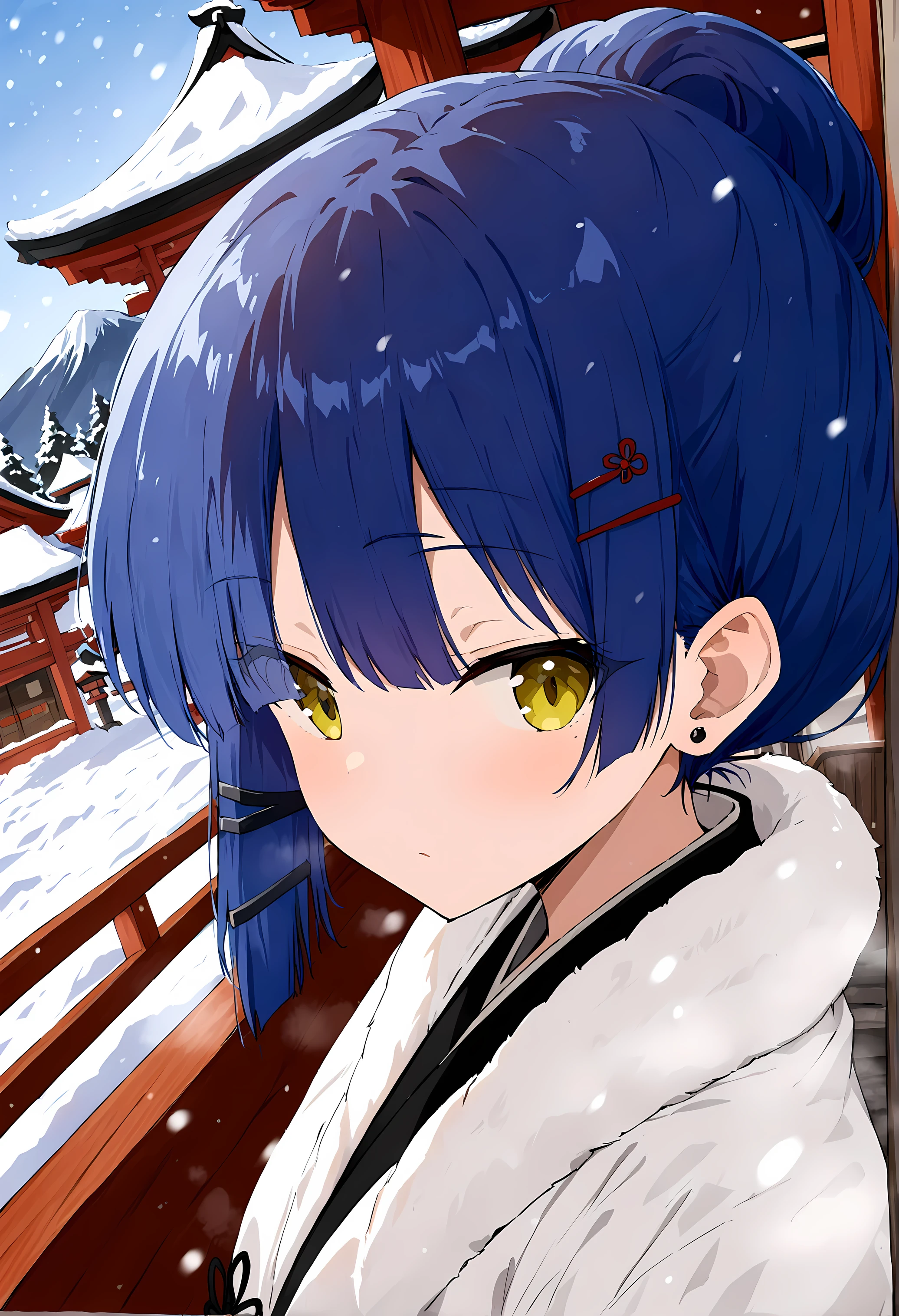 (best quality, highres, masterpiece : 1.4), (flatten art : 0.8), masterpiece, (best quality), 1woman, anime, deep blue hair hair, 2 black hair clip, black pin earring, fair skin, faint yelllow eyes, small sized breast, no expression, (detailed face), (black furisode, fur, warm, intricate red motif), close-up, snow, snowfall, alluring, dynamic angle, eyes to the viewer, (background: Japanese shrine, far mountain range)