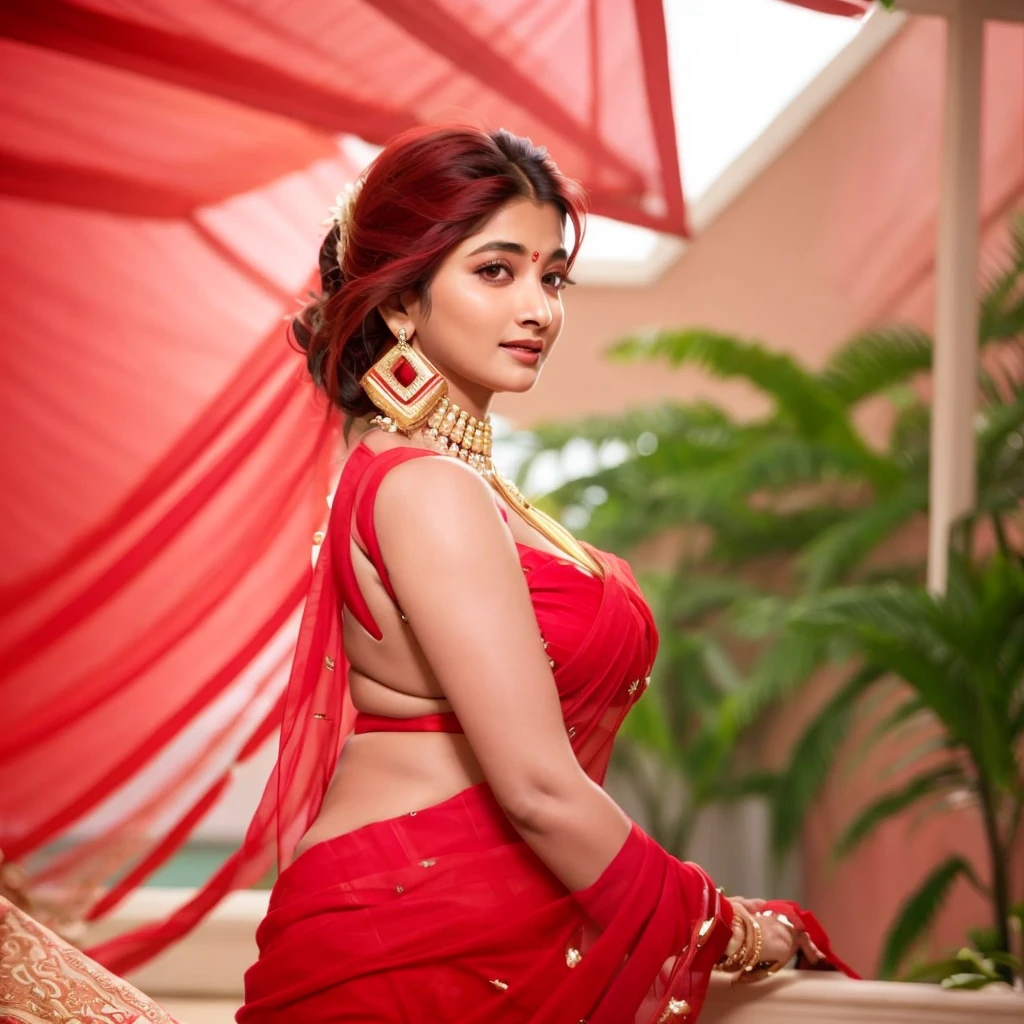 Indian woman on veranda in red backless saree, dark complexion, sexy, no bra, no blouse , poojah