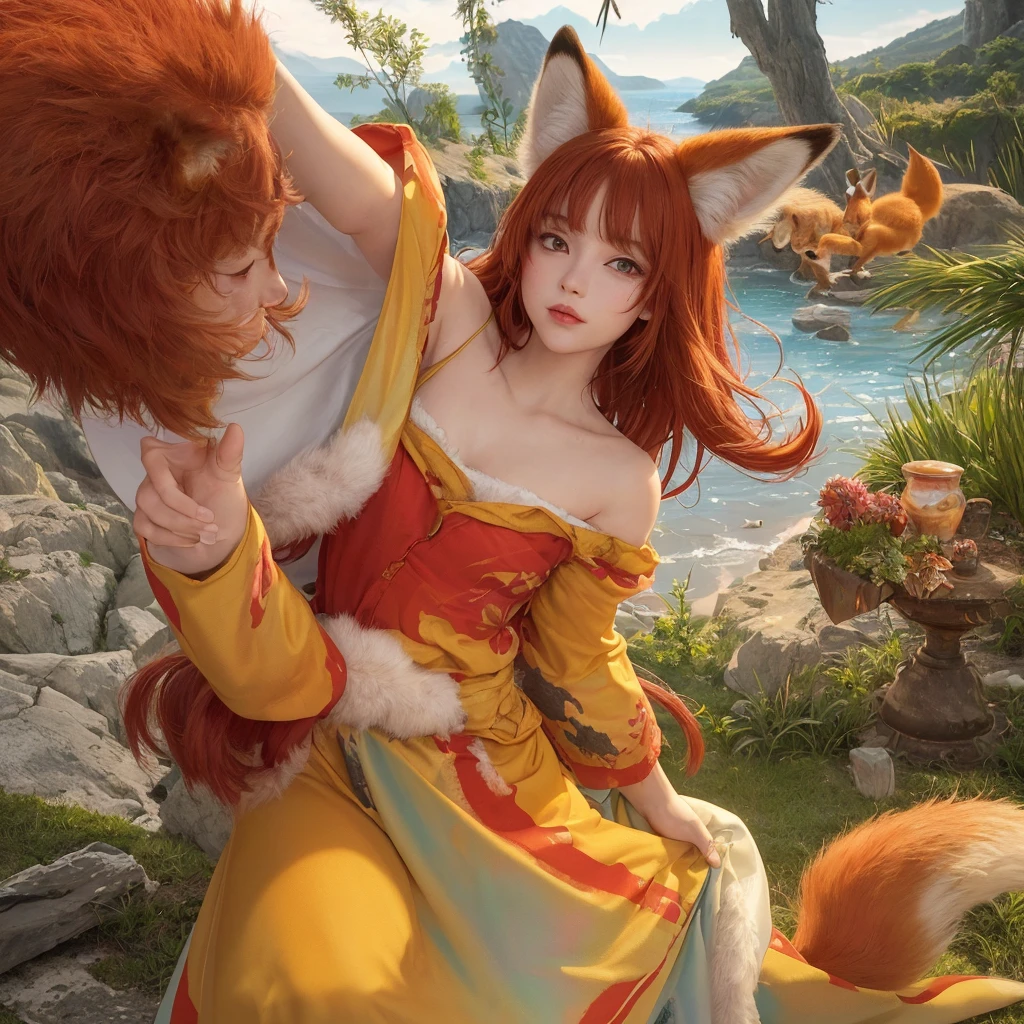masterpiece, Best quality, A high resolution, extremely detailed, (computer illustration), (((((fluffy))))), ((1 girl in the form of an anthro-female fox girl with fox ears, red body, red fur, yellow fur, fur on the body, red hair and a fox tail)) and detailed face and sparkling detailed eyes, on open air, Coast, morning, (picturesque, depth of field), small parts, authentic, NFV, cowboy shot, medium shot, (One, female focus, One focus), face focus, (she wears a short off-shoulder yukata, curtain at pelvic level and cut off sleeves.), (Looking at the viewer), blushing, confident, A slight smile, parted lips, bursting chest, split, bare legs, barefoot, vertical, standing, (spicy, Target-shading), contour, dynamic lighting, Ton \(style\), fantasy,
