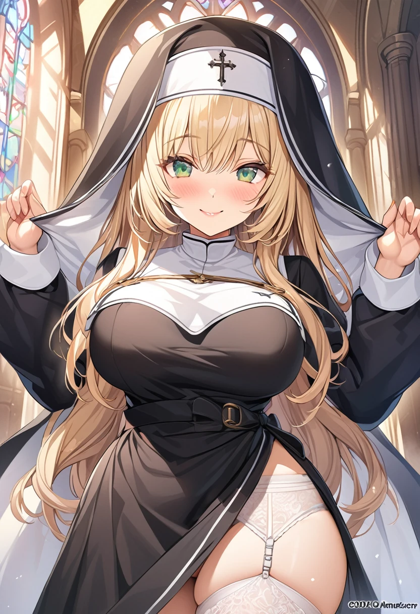 masterpiece, Highest quality, Official Art, Highly detailed CG Unity 8k wallpaper, Detailed Background, (Handcrafted by Guido Daniele), (Finger details), Mature Woman1, (Curvy), (Nuns), (standing in church), (Nuns gown:1.12), (Chest curtain:1.4), (Nuns skirt:1.11), (White Garter Straps Garter Belt:1.12), (Blonde long hair:1.12), (Hair intake:1.12), (Green Eyes:1.2), blush, (Loving smile, holy smile), ((Huge breasts:1.8、Sagging breasts:1.5、Long Breasts:1.3、sagging breast:1.7)), Tight waist, Shiny skin, (Cross Necklace), indoor, (Sacred Scene), (church:1.11), (Sunlight streaming through stained glass),Mature Woman、Monastic Clothes、White panties、naughty face、heavy breathing、Provocative smile、Sticking out tongue 、thigh focus、drunken eyes、((Spreading her pussy with both hands、Open pussy、vagina、open vagina 、spread her vagina、spread legs、Take off))、excessive cum、creampie、pussy cum、((Sleep on your back、folded、on back、lying))