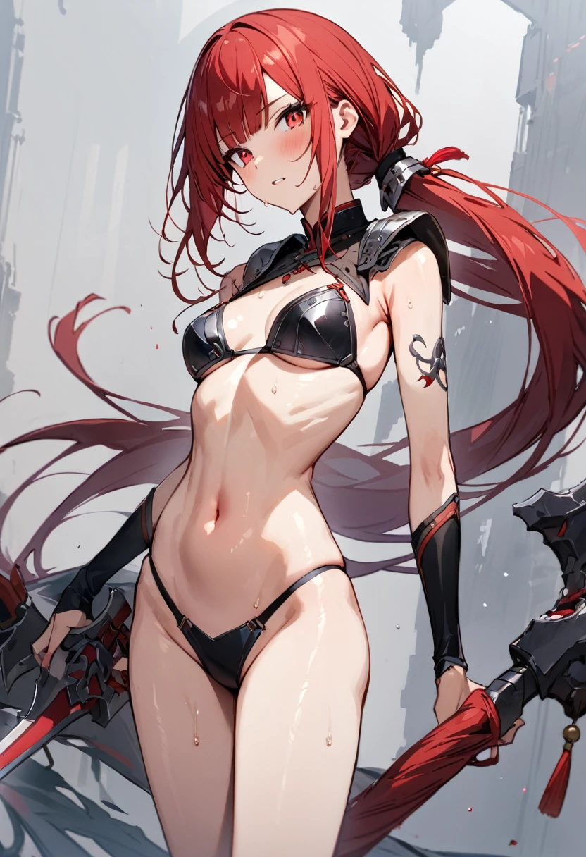 ((masterpiece,Highest quality:1.3)),cowboy shot,1woman,30 year old beauty,((very small head:1.2)),red hair,long hair,low ponytail,blunt bangs,red eyes,gorgeous eyes,Serious expression,medium breasts,((very long body:1.2)),((toned body,slender body,skinny)),gleaming skin,shiny skin,sweat,iron bikini armor、Iron Gauntlet、navel,Holding a sword、An accurate depiction of a knight&#39;s sword、In battle with a sword、prairie、The War of Many Knights、Medieval Europe、