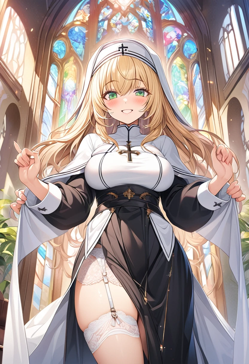 masterpiece, Highest quality, Official Art, Highly detailed CG Unity 8k wallpaper, Detailed Background, (Handcrafted by Guido Daniele), (Finger details), Mature Woman1, (Curvy), (Nuns),  (standing in church), (Nuns gown:1.12), (Chest curtain:1.4), (Nuns skirt:1.11), (White Garter Straps Garter Belt:1.12), (Blonde long hair:1.12), (Hair intake:1.12), (Green Eyes:1.2), blush, (Loving smile, holy smile), ((Huge breasts:1.5、Sagging breasts:1.5、Long Breasts:1.3、sagging breast:1.5)), Tight waist, Shiny skin, (Cross Necklace), indoor, (Sacred Scene), (church:1.11), (Sunlight streaming through stained glass),Mature Woman、((sit、足を広げてsit))、Monastic Clothes、White panties、Photographed from diagonally in front、Confessional Pose、Clasp your hands in front of your chest、Close-up photo of the chest、naughty face、heavy breathing、breast focus、Provocative smile