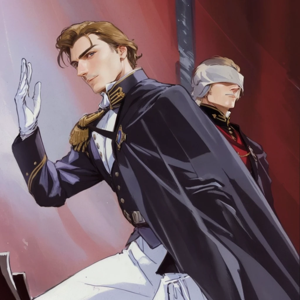 A noble handsome european man from the victorian age, behind him there's a first lieutenant as his guard