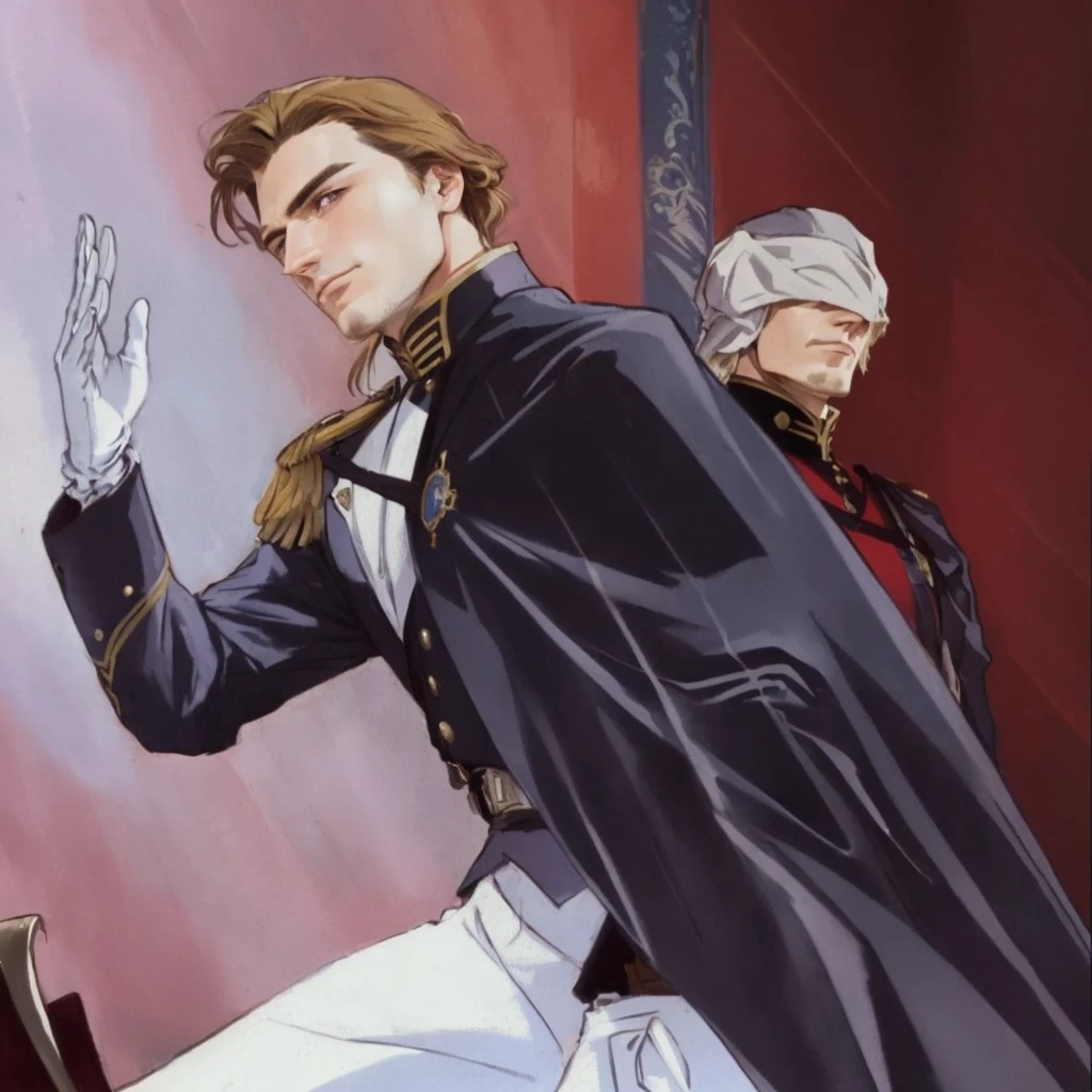 A noble handsome european man from the victorian age, behind him there's a first lieutenant as his guard