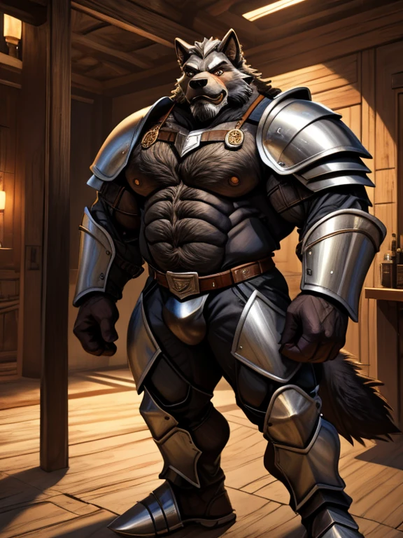 burly virile hairy man, with two wolf ears and a bushy tail, in a suit of armor, middle-aged, hirsute, overmuscular and musclebound, bulging veiny muscles, a warrior's build, a bodybuilder's physique, long bushy and a thick mustache, a square jaw, handsome and dreamy, grey hair, a knight clad in full armor
