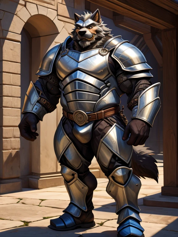 burly virile hairy man, with two wolf ears and a bushy tail, in a suit of armor, middle-aged, hirsute, overmuscular and musclebound, bulging veiny muscles, a warrior's build, a bodybuilder's physique, long bushy and a thick mustache, a square jaw, handsome and dreamy, grey hair, a knight clad in full armor