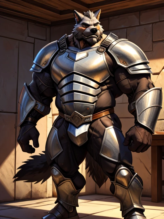 burly virile hairy man, with two wolf ears and a bushy tail, in a suit of armor, middle-aged, hirsute, overmuscular and musclebound, bulging veiny muscles, a warrior's build, a bodybuilder's physique, long bushy and a thick mustache, a square jaw, handsome and dreamy, grey hair, a knight clad in full armor