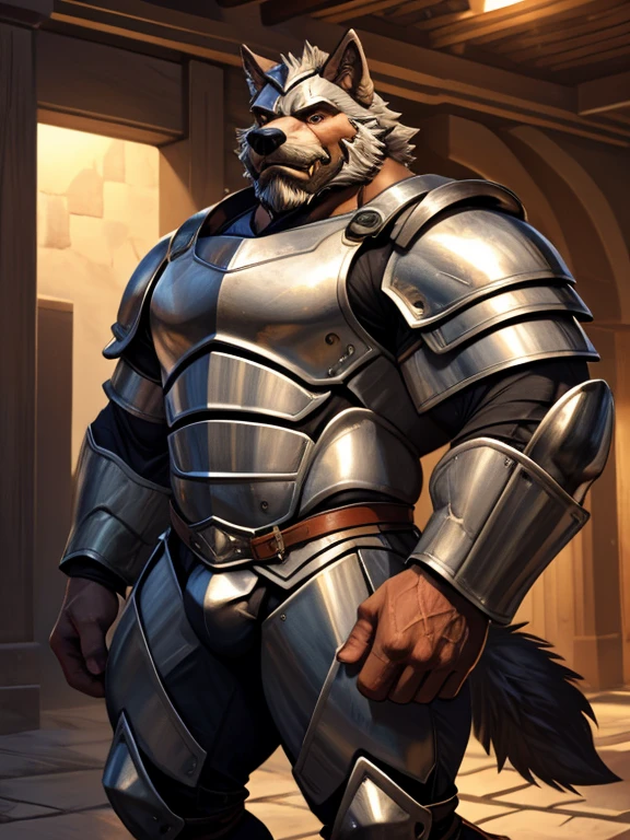 burly virile hairy man, with two wolf ears and a bushy tail, in a suit of armor, middle-aged, hirsute, overmuscular and musclebound, bulging veiny muscles, a warrior's build, a bodybuilder's physique, long bushy and a thick mustache, a square jaw, handsome and dreamy, grey hair, a knight clad in full armor
