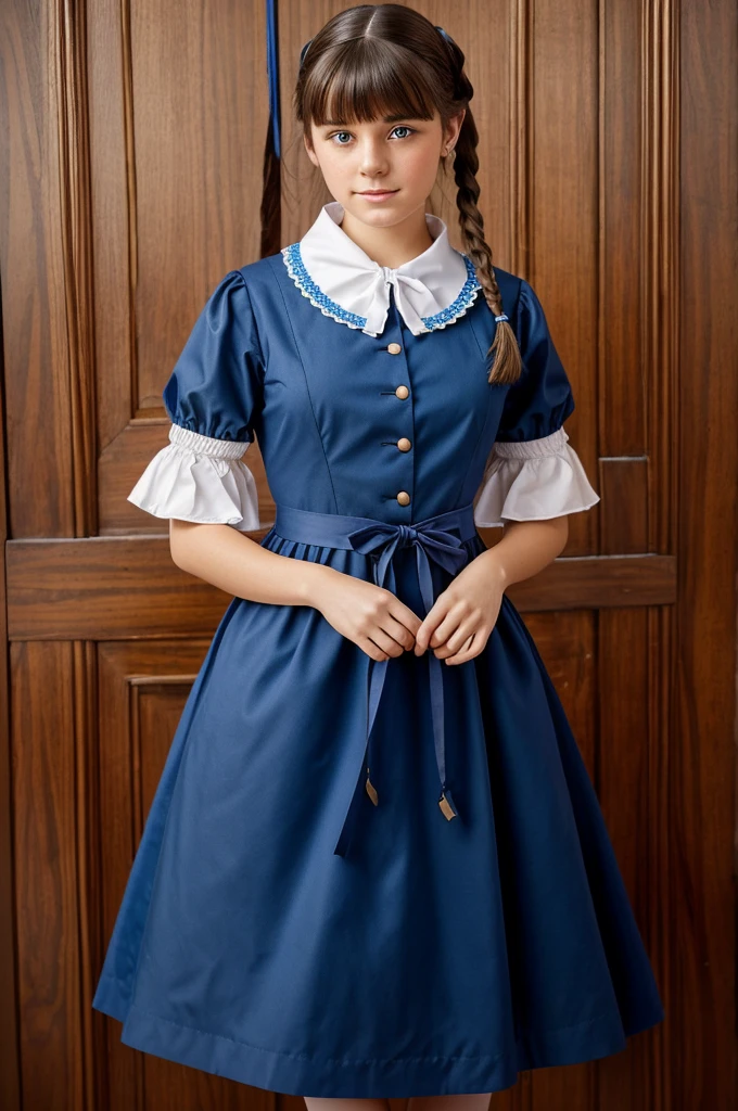 very beautiful girl, Russian, 18 years, in college uniform, from the Institute of Noble Maidens, cape (prestigious large collar), then an apron, which is tied with a neat bow, blue dress(in Smolny color), with ribbons and border on the skirt in different colors: blue; Hair braided in a pigtail, Have bangs, 19th century, "color photography"