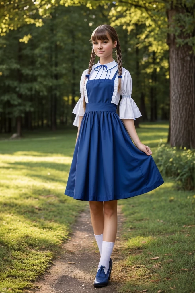 very beautiful girl, Russian, 18 years, in college uniform, from the Institute of Noble Maidens, cape (prestigious large collar), then an apron, which is tied with a neat bow, blue dress(in Smolny color), with ribbons and border on the skirt in different colors: blue; Hair braided in a pigtail, Have bangs, 19th century, "color photography"