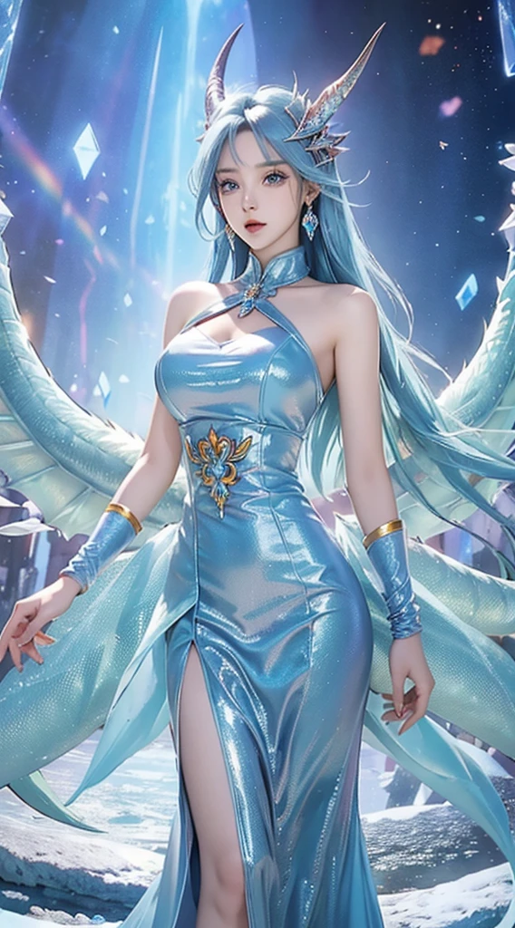 best qualityer,tmasterpiece,Ultimate resolution,downy,Extremely colorful,Colorful,palace background,A dragon girl,Royal Sister,Light blue bandeau maxi dress,huge tit,A pair of ice crystal dragon horns,(Ice blue super long hair),Ice crystal palace background,Grand,epic sense,Normal posture