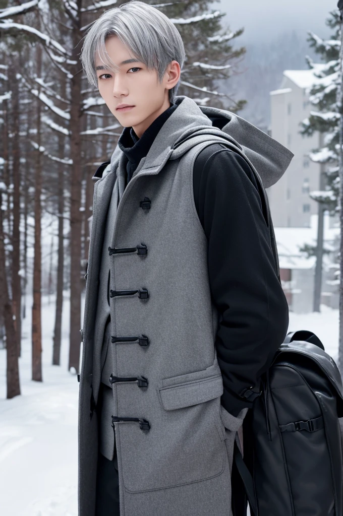 　male　Slender　He has grey hair, his right eye is hidden, he is wearing a black duffle coat and a backpack on his back.、Standing wistfully in the snowy landscape。　