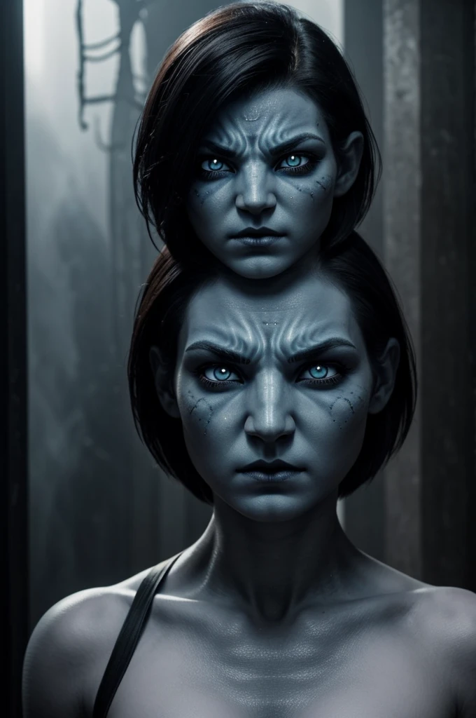 Create me a white demon, with a wide nose like an avatar, eyes with very black and large eyelids like science fiction drawings, large pupils, a large and open mouth, a gloomy (angry) look and very short hair.