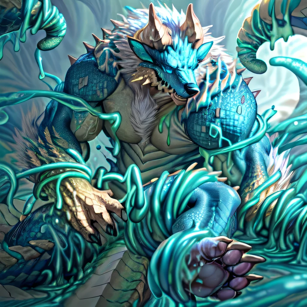 anthropology,(zinogre:1.2),Tail,((whole body,blue eyes, Blue body, White furry, Yellow Hand, Feet, Blue face,4 toes,Tail )),,muscular, whole body, (author:null-ghost,From raccoon21,masterpiece,high quality), Night Fight,((boundary)), rest (((Slime monster uses tentacles to fight dragon))),liquid , Tentacles everywhere