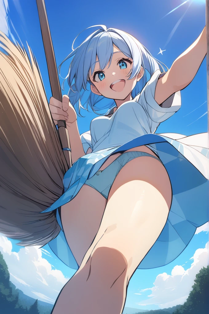 blue sky,flying with broom,panties visible,lower pov,happy,looking at front,pointing,bright shading