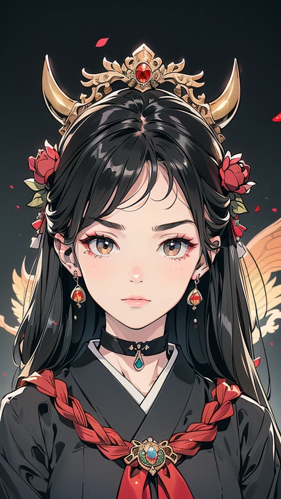 Seven Rhaeyar (Deylta), Ancient Star goddess, Perfect female anatomy (Royalty, Adult Female, 166cm in height, Cool pale skin, slim, slender, 34D breast size, Long Jet Black Hair, Gray Colored Iris , a set of Jet black colored horns on her head), Neutral facial expression, Elegant black uniform dress, female choker accessory with silver complimentary jewelry, dragon motifs, Black rope accessories, Simple Black Background, receiving light from the front, Slightly focusing on her face up close, Ethereal glow, Red Rose petals falling, Japanese inspired
