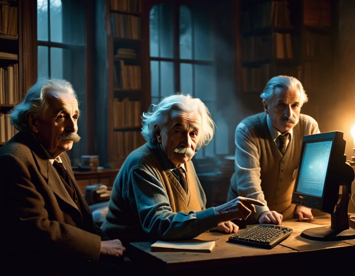 3 elderly people, only one is Albert Einstein, pointing to a computer in lanhouse, ominous windows shrouded in mist, casting a mysterious and mystical ambience, as if the shadows themselves were about to reveal a sinister secret, with a warm and soft tones of burnt oranges, faded golds and dusty blues, evoking a sense of aged and forgotten knowledge, surrounded by scattered, dusty tomes and ancient scientific instruments, bathed in a warm, soft glow.