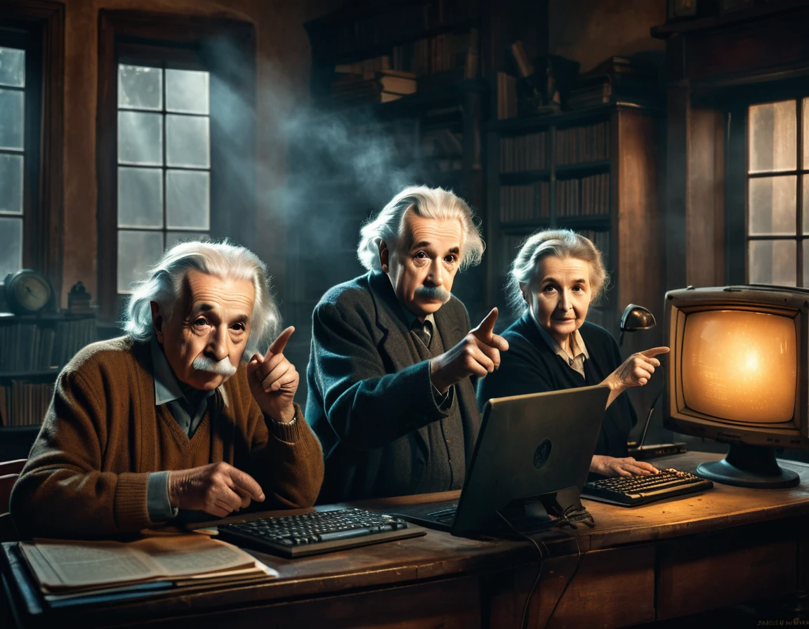 3 elderly people, only one is Albert Einstein, pointing to a computer in lanhouse, ominous windows shrouded in mist, casting a mysterious and mystical ambience, as if the shadows themselves were about to reveal a sinister secret, with a warm and soft tones of burnt oranges, faded golds and dusty blues, evoking a sense of aged and forgotten knowledge, surrounded by scattered, dusty tomes and ancient scientific instruments, bathed in a warm, soft glow.