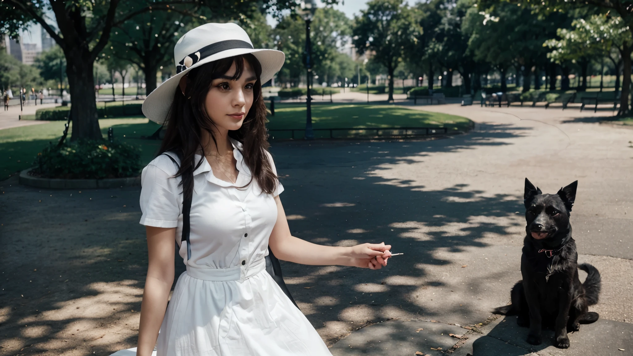 draw a with a white hat in the park , which walks a small black dog with big ears