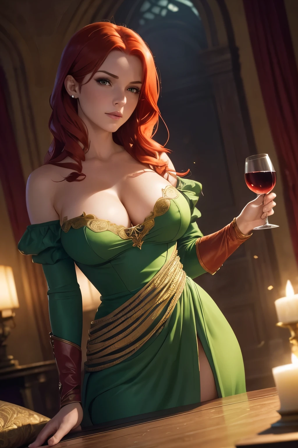 ((medium full shot))), (best quality, ultra-detailed:1.3), (nice hands, perfect hands), official art, cinematic light, (1girl:1.3), adulthot girl, red hair, Triss Merigold, shiny skin, cleavage, in a palace, fabrics, pillows, drinking wine, dutch angle, fantasy, (abstract:0.2), at night, fire particles, green dress