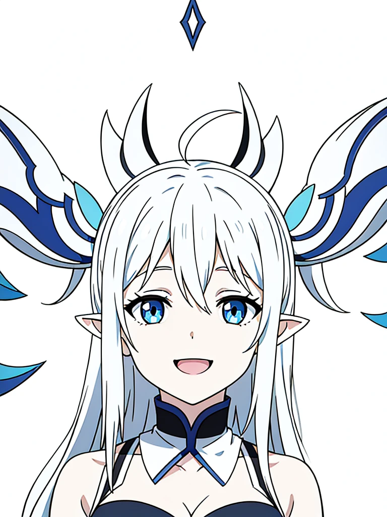 1girl,15s,long hair,white hair,ahoge,(white background),pointy ears,sleeveless(cleavage),happy,smile,blue eyes,open mouth,portrait,from front