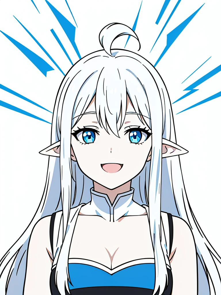 1girl,s,long hair,white hair,ahoge,(white background),pointy ears,sleeveless(cleavage),happy,smile,blue eyes,open mouth,portrait,from front