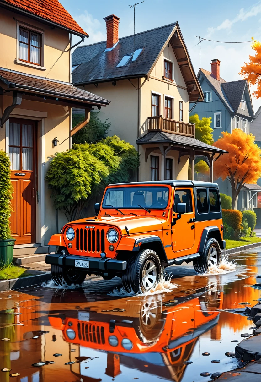 (masterpiece), best quality, hyperrealistic orange jeep parked in a puddle of water next to a house, bussiere rutkowski andreas rocha, wrangler jeep on a street, offroad vehicle, digital painting highly detailed, highly detailed water colour 8k, highly detailed water colour 8 k, highly detailed digital painting, by Trevor Brown, by Altoon Sultan, 8k)), immensely detailed scene,vibrant colors, high saturation, high contrast, high resolution artwork,sharp focus,HDR,8k