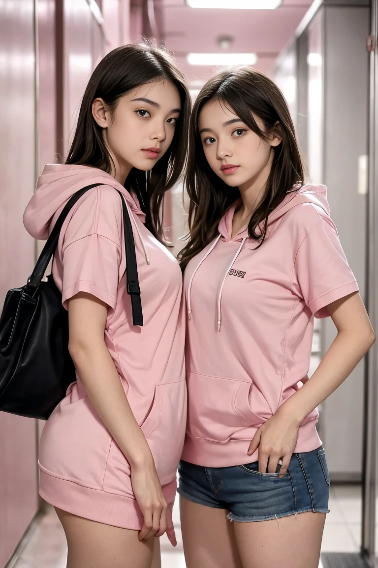 deux femmes ensemble de 18 ans sexy et mince , pink short sleeve hoodie , salle de classe, se touche,position sey,sensuel