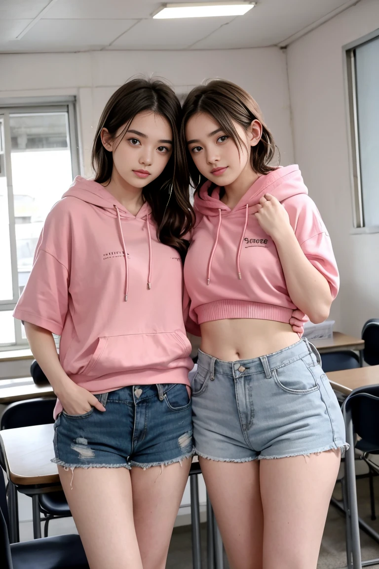 deux femmes ensemble de 18 ans sexy et mince , pink short sleeve hoodie , salle de classe, se touche,position sey,sensuel